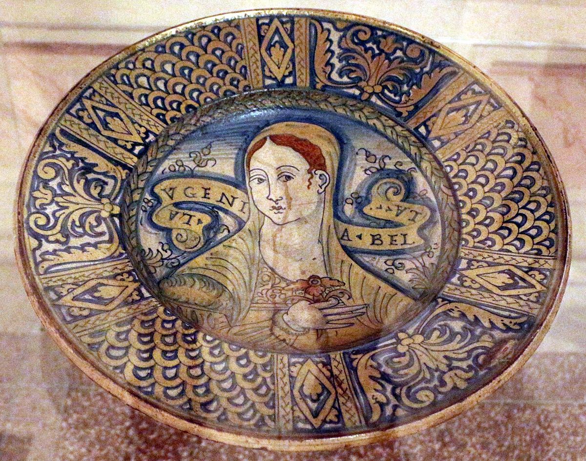 Miniatura: Deruta, piatto da parata con eugenia bella, xvi sec
